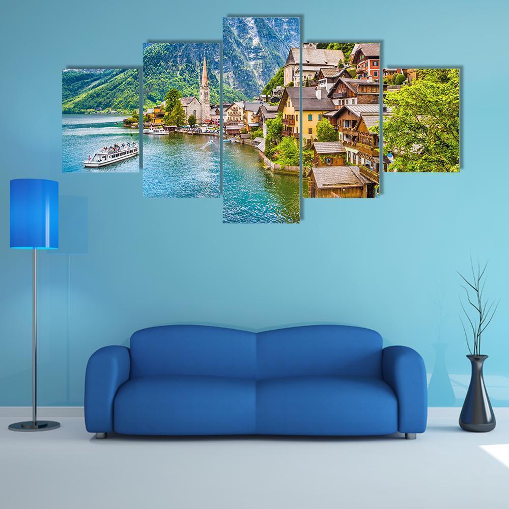 Famous Hallstatt Mountain Village With Lake Hallstatt - Nature 5 Panel Canvas Art Wall Decor Famous Hallstatt Mountain Village With Lake Hallstatt - Nature 5 Panel Canvas Art Wall Decor