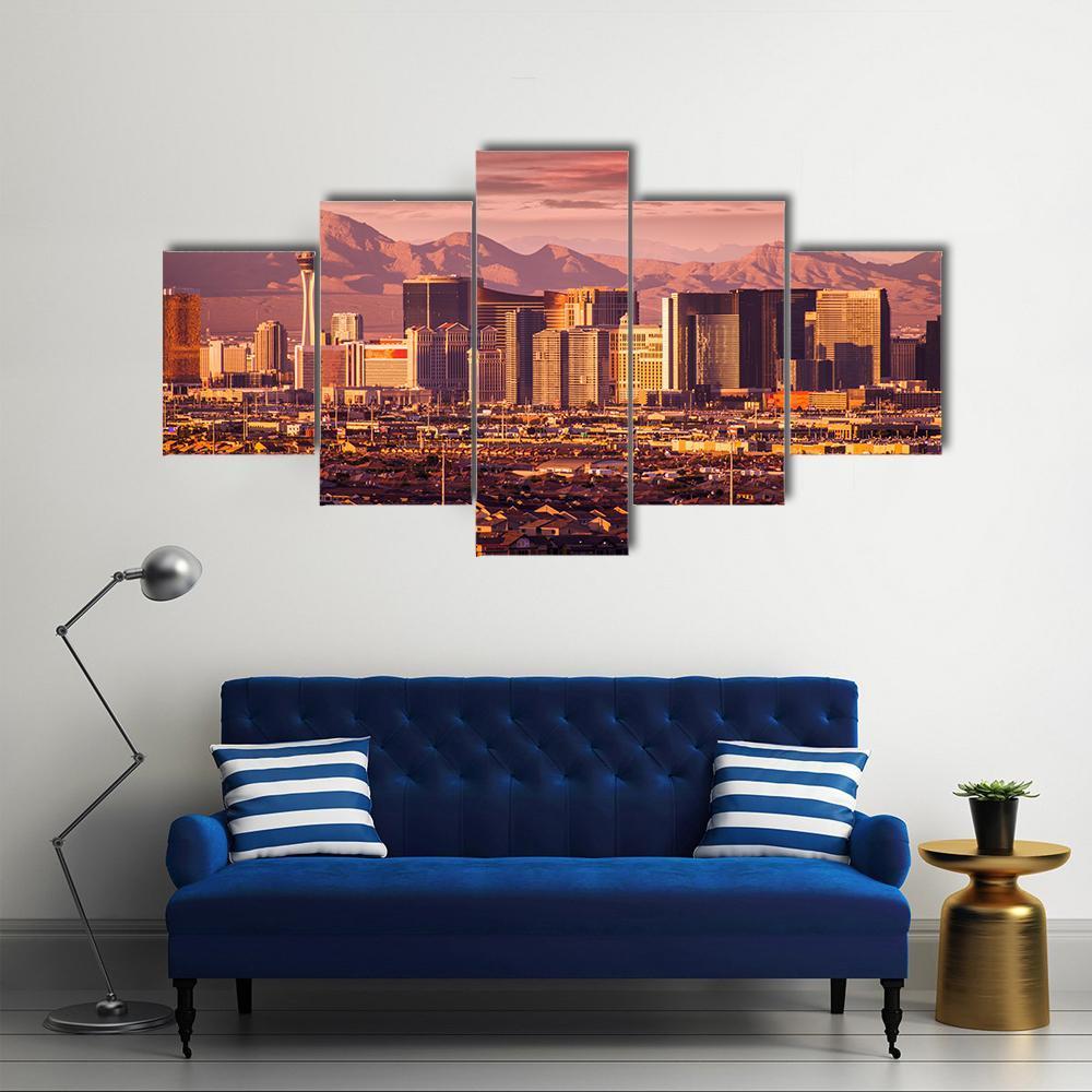 Famous Las Vegas Strip Skyline At Sunset - Nature 5 Panel Canvas Art Wall Decor Famous Las Vegas Strip Skyline At Sunset - Nature 5 Panel Canvas Art Wall Decor