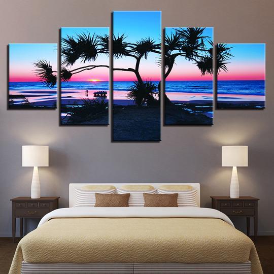 Fan Palm On The Beach Colorful Rainbow Sunset - Ocean 5 Panel Canvas Art Wall Decor Fan Palm On The Beach Colorful Rainbow Sunset - Ocean 5 Panel Canvas Art Wall Decor