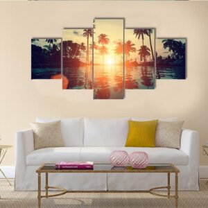 Fantastic Sunset On A Tropical Beach - Nature 5 Panel Canvas Art Wall Decor