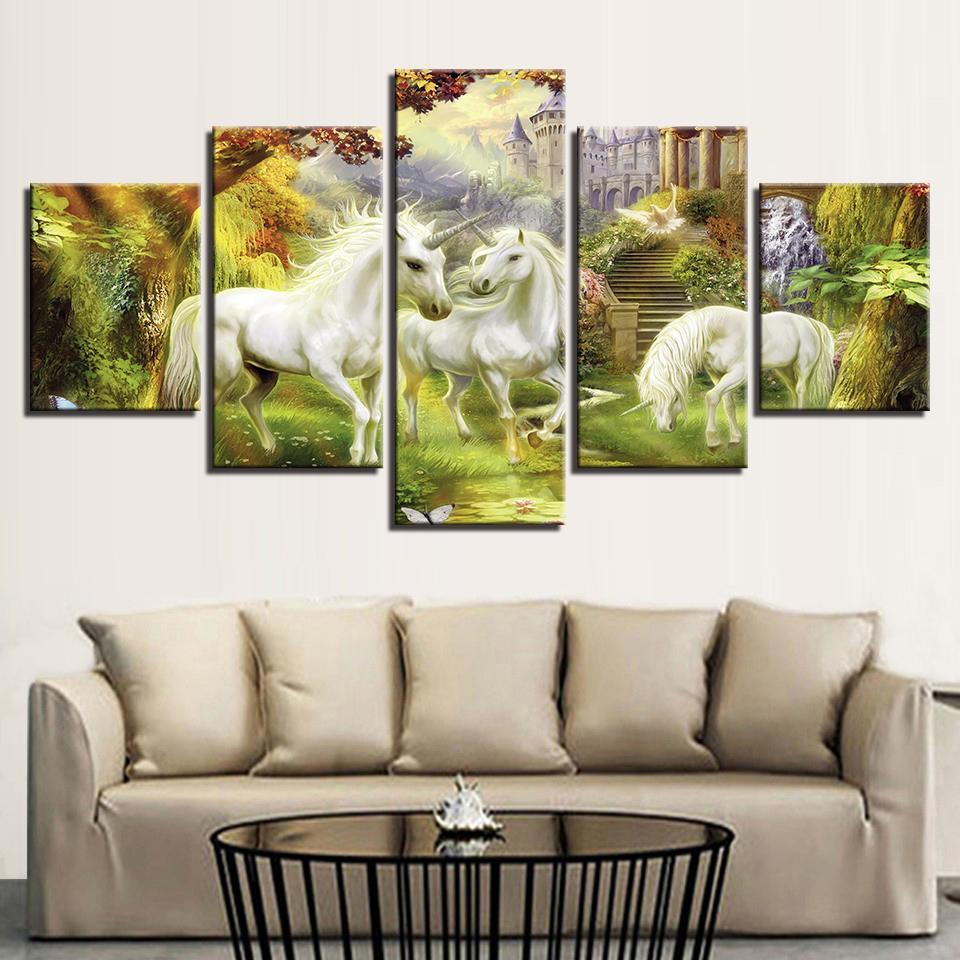 Fantasy Abstract Unicorn And Fairy Birds - Abstract Animal 5 Panel Canvas Art Wall Decor Fantasy Abstract Unicorn And Fairy Birds - Abstract Animal 5 Panel Canvas Art Wall Decor