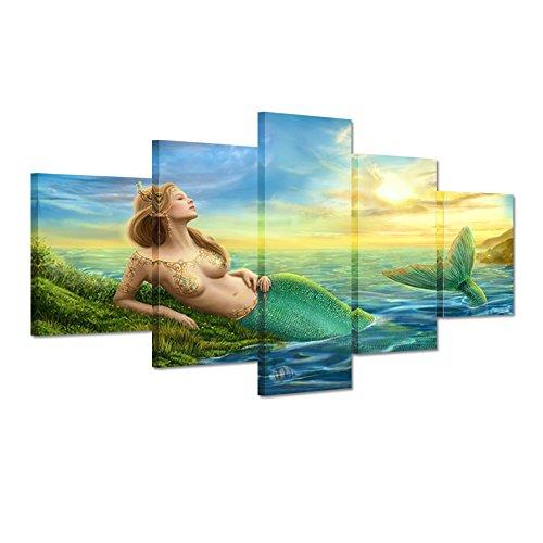 Fantasy Sexy Green Mermaid Beauty Blue Ocean Sunset - Abstract 5 Panel Canvas Art Wall Decor Fantasy Sexy Green Mermaid Beauty Blue Ocean Sunset - Abstract 5 Panel Canvas Art Wall Decor