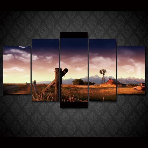 Farm Windmill Landscape - Nature 5 Panel Canvas Art Wall Decor Farm Windmill Landscape - Nature 5 Panel Canvas Art Wall Decor
