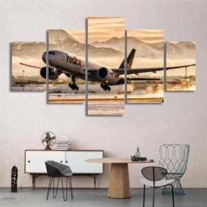 Fedex Boeing 757 Landing Morning Mountains -Automative 5 Panel Canvas Art Wall Decor