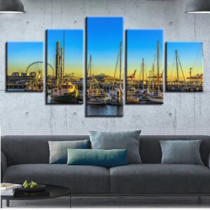 Ferris Wheel And Ship Harbor - Nature 5 Panel Canvas Art Wall Decor