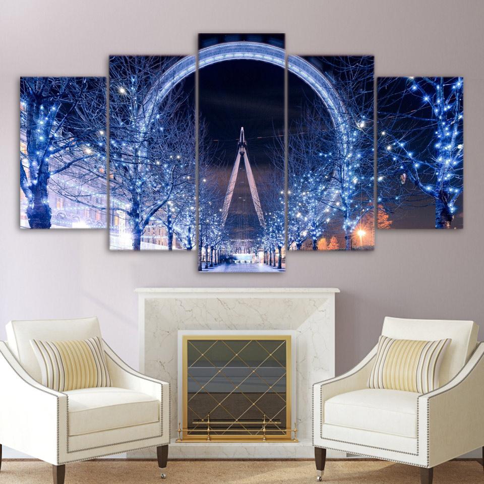 Ferris Wheel London City Night - Nature 5 Panel Canvas Art Wall Decor Ferris Wheel London City Night - Nature 5 Panel Canvas Art Wall Decor