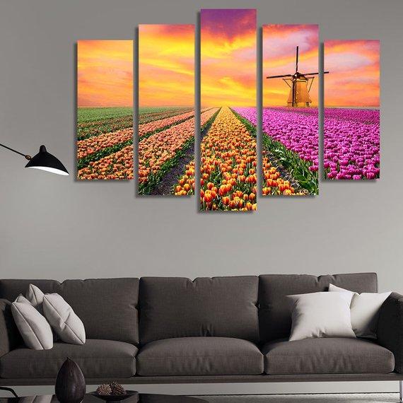 Field Of Colorful Flowers - Nature 5 Panel Canvas Art Wall Decor Field Of Colorful Flowers - Nature 5 Panel Canvas Art Wall Decor