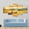Field Of Freshly Cut Bales Of Hay With Beautiful Sunset - Nature 5 Panel Canvas Art Wall Decor