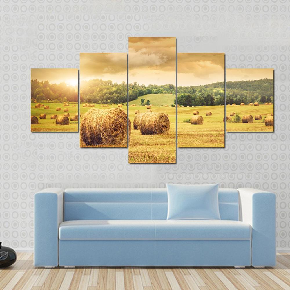 Field Of Freshly Cut Bales Of Hay With Beautiful Sunset - Nature 5 Panel Canvas Art Wall Decor Field Of Freshly Cut Bales Of Hay With Beautiful Sunset - Nature 5 Panel Canvas Art Wall Decor