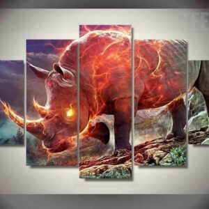 Fiery Rhinoceros - Abstract Animal 5 Panel Canvas Art Wall Decor