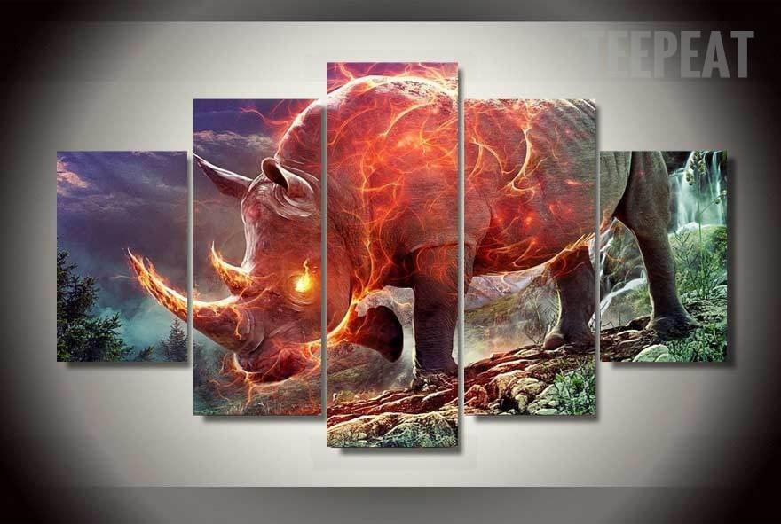 Fiery Rhinoceros - Abstract Animal 5 Panel Canvas Art Wall Decor Fiery Rhinoceros - Abstract Animal 5 Panel Canvas Art Wall Decor
