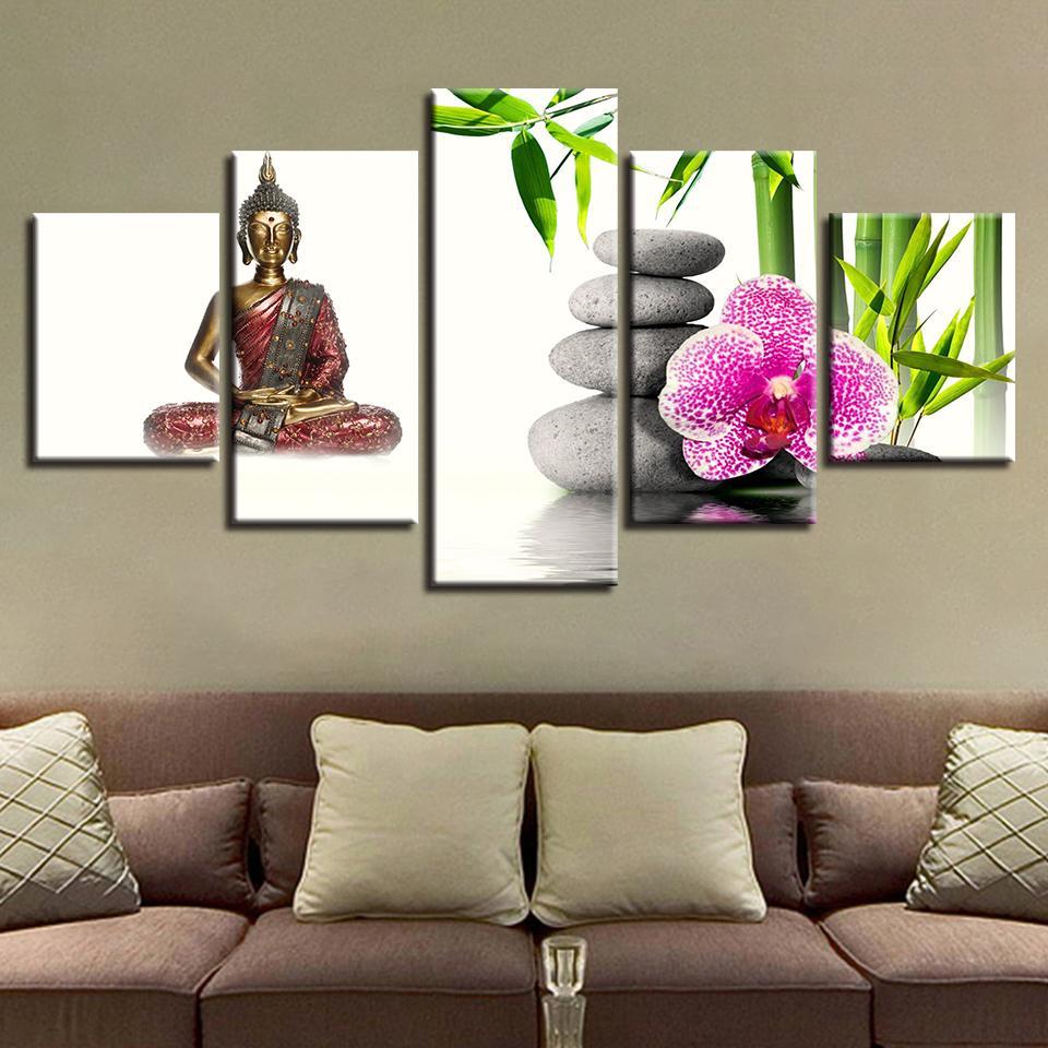 Figure Of Buddha Flowers Bamboo - Religion 5 Panel Canvas Art Wall Decor Figure Of Buddha Flowers Bamboo - Religion 5 Panel Canvas Art Wall Decor