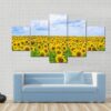 Fine Summer Field Of Sunflowers In The Blue Sky - Nature 5 Panel Canvas Art Wall Decor