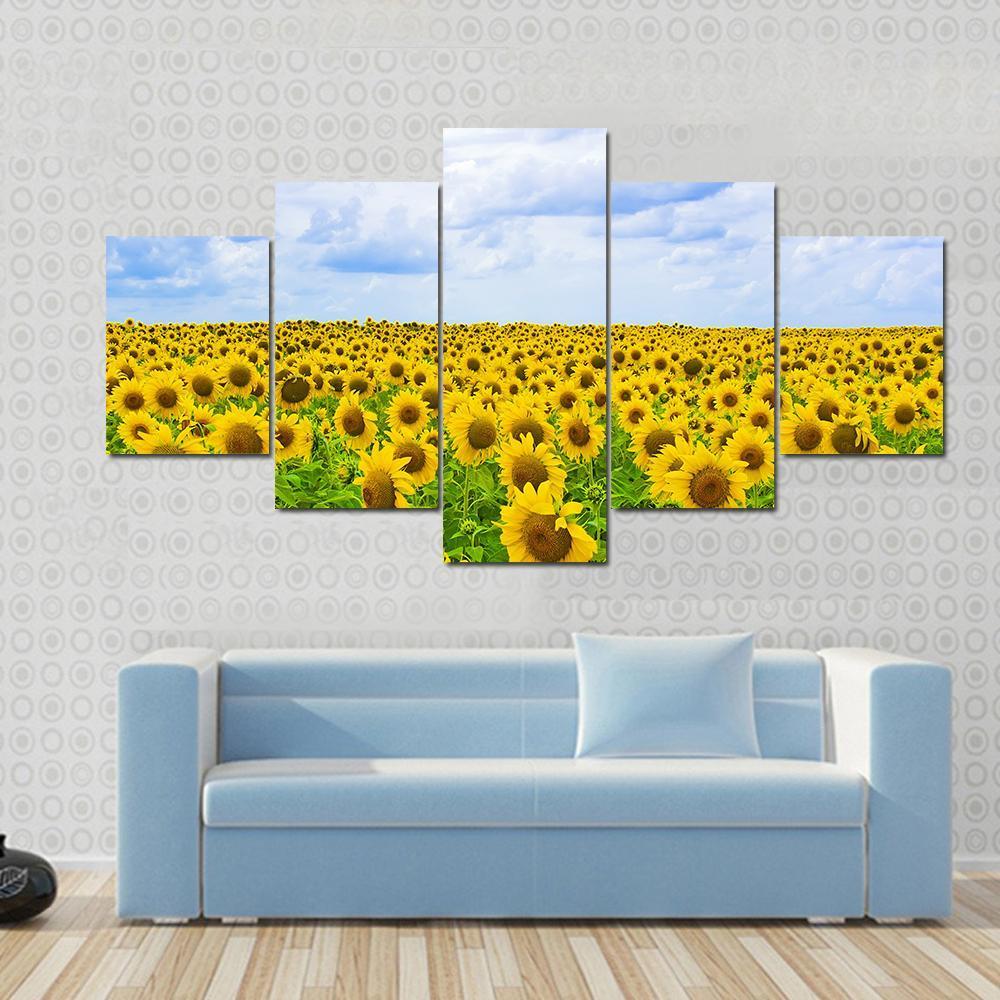 Fine Summer Field Of Sunflowers In The Blue Sky - Nature 5 Panel Canvas Art Wall Decor Fine Summer Field Of Sunflowers In The Blue Sky - Nature 5 Panel Canvas Art Wall Decor