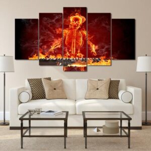 Fire Flames Skull Skeleton Keyboard Player - Abstract Music 5 Panel Canvas Art Wall Decor