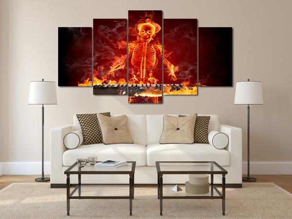 Fire Flames Skull Skeleton Keyboard Player - Abstract Music 5 Panel Canvas Art Wall Decor Fire Flames Skull Skeleton Keyboard Player - Abstract Music 5 Panel Canvas Art Wall Decor