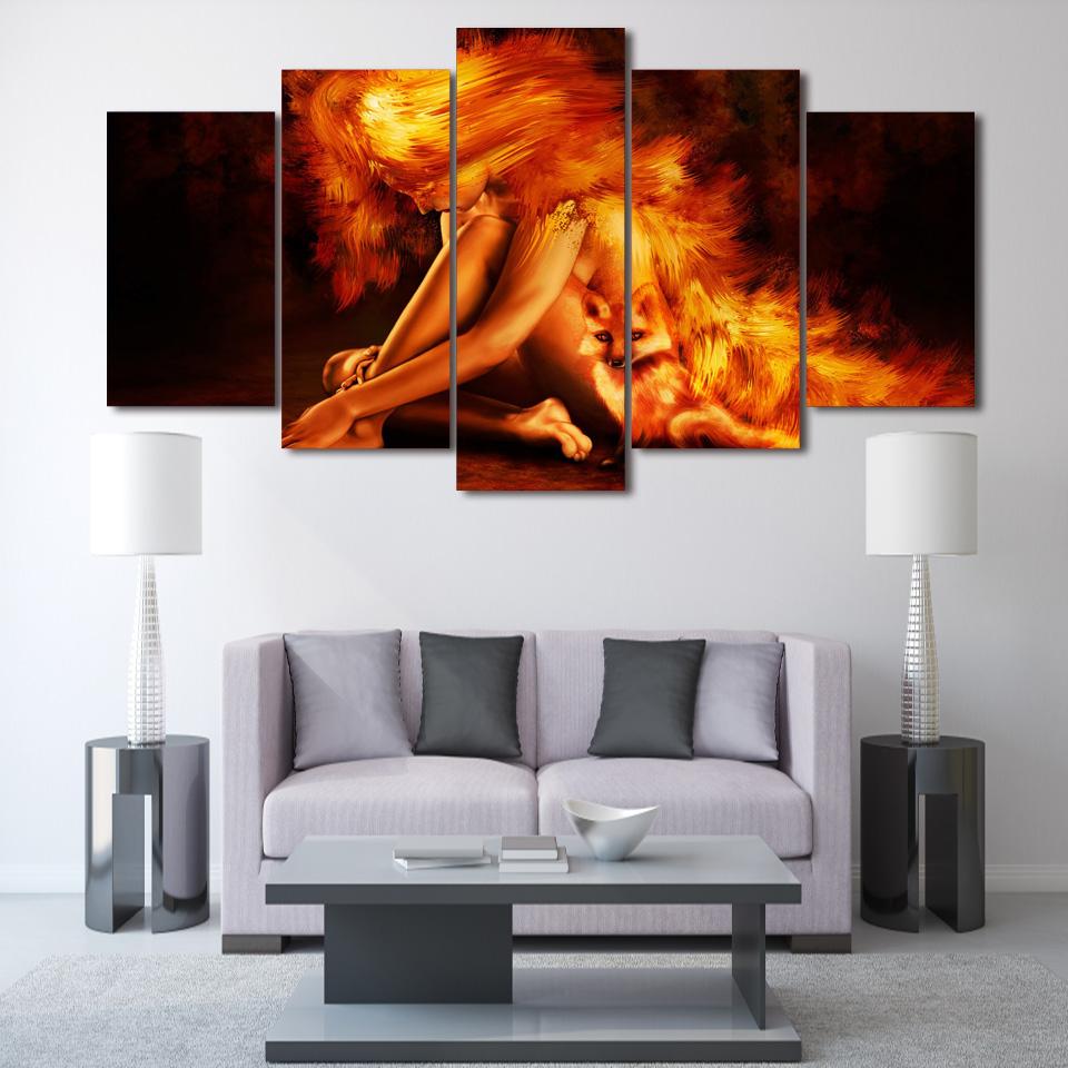 Fire Fox Girl - Abstract 5 Panel Canvas Art Wall Decor Fire Fox Girl - Abstract 5 Panel Canvas Art Wall Decor