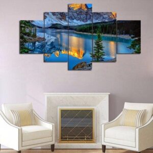 Fire Mountain Lake 01 - Nature 5 Panel Canvas Art Wall Decor