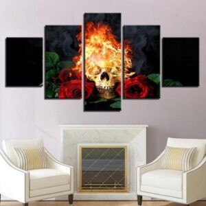 Fire Rose Skull - Abstract 5 Panel Canvas Art Wall Decor