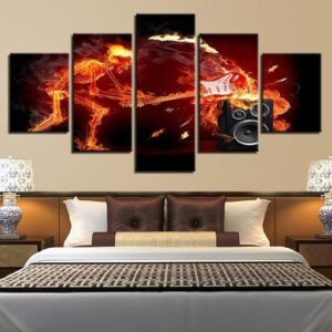 Fire Skull Guitar Musical Instruments - Abstract 5 Panel Canvas Art Wall Decor