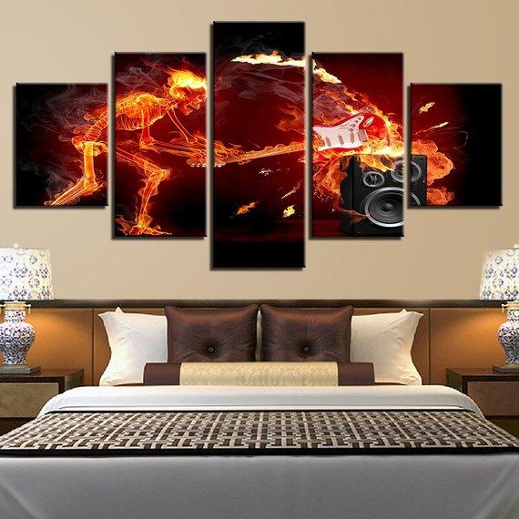 Fire Skull Guitar Musical Instruments - Abstract 5 Panel Canvas Art Wall Decor Fire Skull Guitar Musical Instruments - Abstract 5 Panel Canvas Art Wall Decor