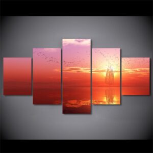 Fire cloud red sky sunset flock of seabirds - Nature 5 Panel Canvas Art Wall Decor