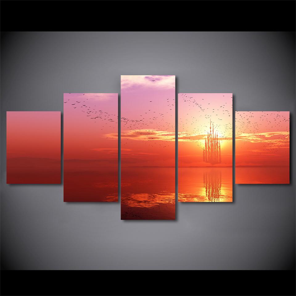Fire cloud red sky sunset flock of seabirds - Nature 5 Panel Canvas Art Wall Decor Fire cloud red sky sunset flock of seabirds - Nature 5 Panel Canvas Art Wall Decor