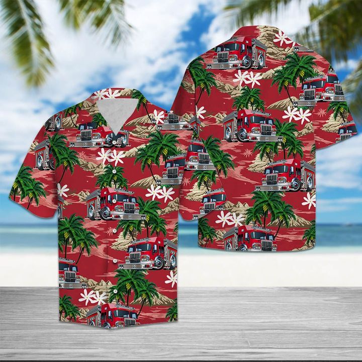 Firefighter Car Palm Island Hawaiian Shirt Summer Button Up Firefighter Car Palm Island Hawaiian Shirt Summer Button Up