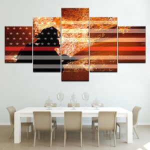Firefighter Fighting Flames Red Line Flag - Abstract 5 Panel Canvas Art Wall Decor