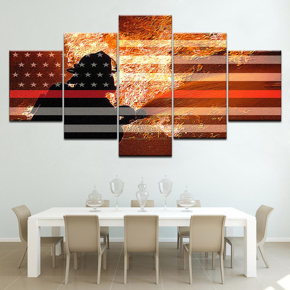 Firefighter Fighting Flames Red Line Flag - Abstract 5 Panel Canvas Art Wall Decor Firefighter Fighting Flames Red Line Flag - Abstract 5 Panel Canvas Art Wall Decor
