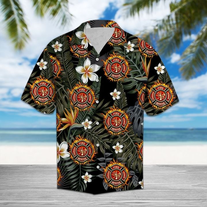 Firefighter Tropical Pattern Hawaiian Shirt Summer Button Up Firefighter Tropical Pattern Hawaiian Shirt Summer Button Up