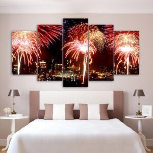 Fireworks Detroit Windsor - Nature 5 Panel Canvas Art Wall Decor