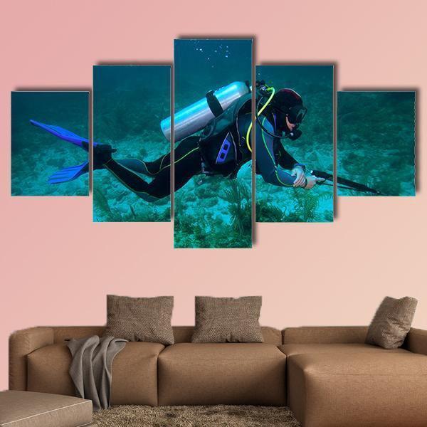Fisherman With Speargun - Fishing 5 Panel Canvas Art Wall Decor Fisherman With Speargun - Fishing 5 Panel Canvas Art Wall Decor