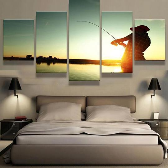 Fishing At Dawn - Fishing 5 Panel Canvas Art Wall Decor Fishing At Dawn - Fishing 5 Panel Canvas Art Wall Decor