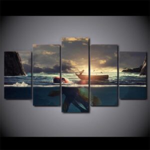 Fishing Boat At Sunset - Fishing 5 Panel Canvas Art Wall Decor