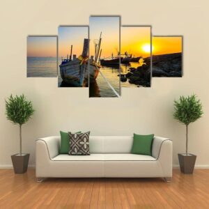 Fishing Boat With Sunset - Nature 5 Panel Canvas Art Wall Decor