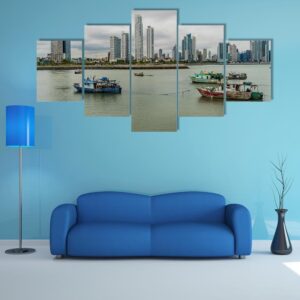 Fishing Boats In A Port With Skyline Of Panama Cit - Fishing 5 Panel Canvas Art Wall Decor