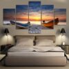 Fishing Boats On Beach At Sunset - Nature 5 Panel Canvas Art Wall Decor