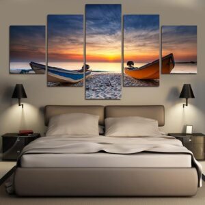 Fishing Boats On Beach At Sunset - Nature 5 Panel Canvas Art Wall Decor