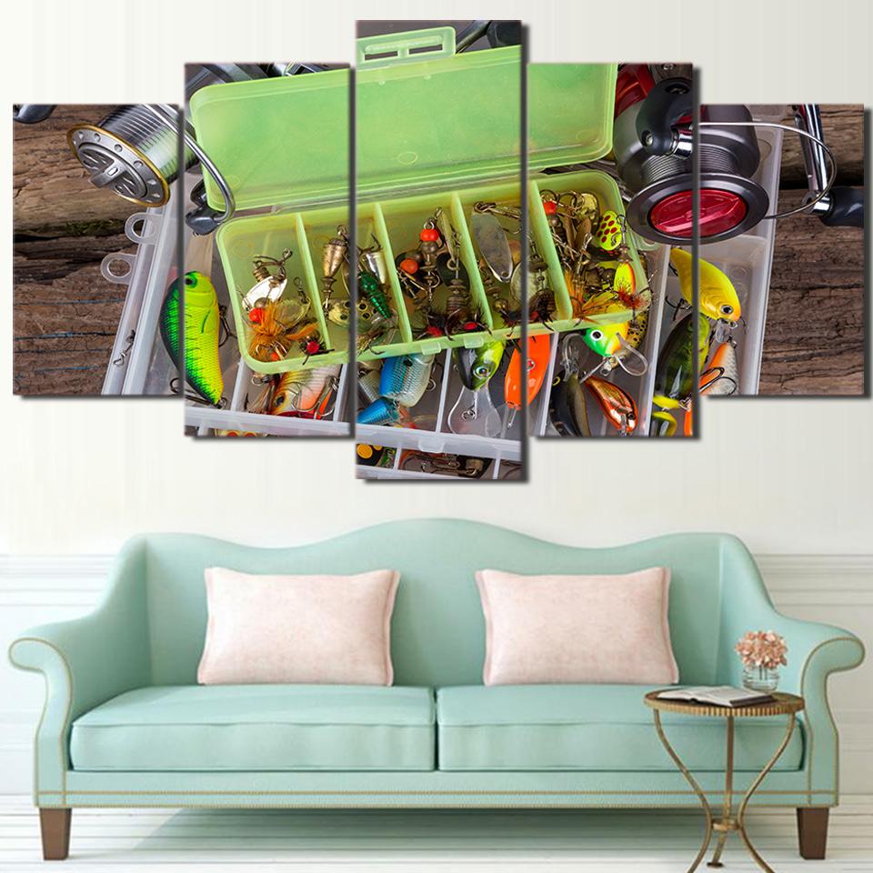Fishing Hooks Rods - Fishing 5 Panel Canvas Art Wall Decor Fishing Hooks Rods - Fishing 5 Panel Canvas Art Wall Decor
