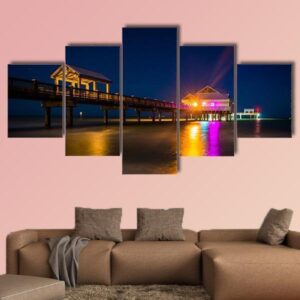 Fishing Pier And The Gulf Of Mexico At Night - Nature 5 Panel Canvas Art Wall Decor