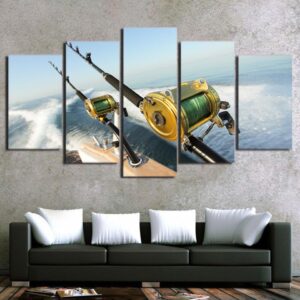 Fishing Rod Blue Ocean - Fishing 5 Panel Canvas Art Wall Decor