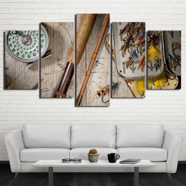 Fishing Rod Lures Hooks Modular - Fishing 5 Panel Canvas Art Wall Decor Fishing Rod Lures Hooks Modular - Fishing 5 Panel Canvas Art Wall Decor