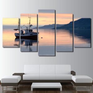 Fishing Trawler Boat At Sunset - Nature 5 Panel Canvas Art Wall Decor