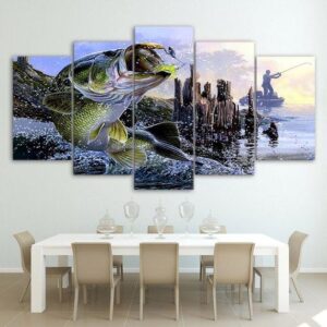 Fishing Wildlife Nature Lake - Fishing 5 Panel Canvas Art Wall Decor