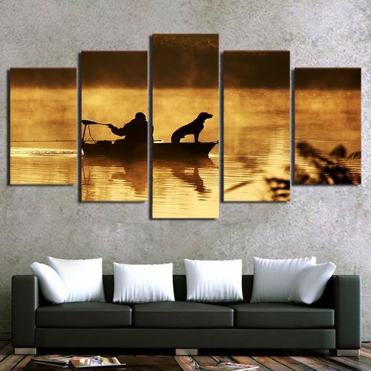 Fishing With The Dog - Animal 5 Panel Canvas Art Wall Decor Fishing With The Dog - Animal 5 Panel Canvas Art Wall Decor