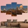 Fitz Roy And Cerro Torre Mountain Line At Sunrise - Nature 5 Panel Canvas Art Wall Decor