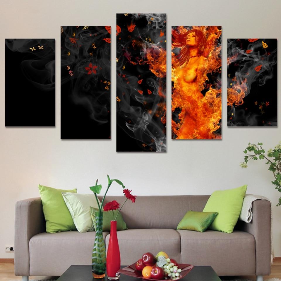 Flame Girl Buring Nude - Abstract 5 Panel Canvas Art Wall Decor Flame Girl Buring Nude - Abstract 5 Panel Canvas Art Wall Decor