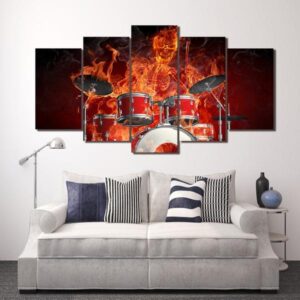 Flaming Skeleton Drummer Skull Drums Fire - Abstract 5 Panel Canvas Art Wall Decor