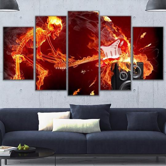Flaming Skeleton Smashing Guitar - Music 5 Panel Canvas Art Wall Decor Flaming Skeleton Smashing Guitar - Music 5 Panel Canvas Art Wall Decor